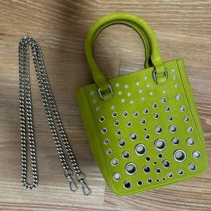 Genuine suede lime green mini tote bag with cross body chain and grommet design
